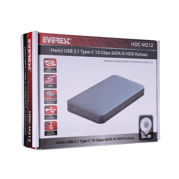 Everest HDC-M212 Type C 2.5 USB3.1 hız 10 Gbps SATA III 6 Gbps Alüminyum Gövdeli Hdd Kutusu